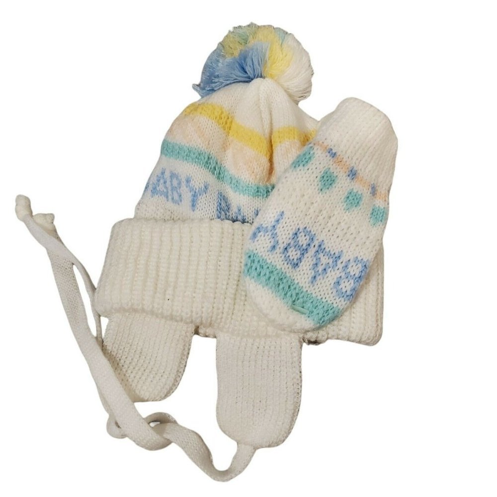 NWOT Vintage 80s Baby Stocking Hat Pom‎ Mittens Knit White Pastel Acrylic